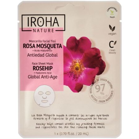 Iroha Nature Rosa Mosqueta Mascarilla Facial Tisú Mascarilla facial vegana combate arrugas y aporta firmeza con rosa mosqueta y ácido hialurónico