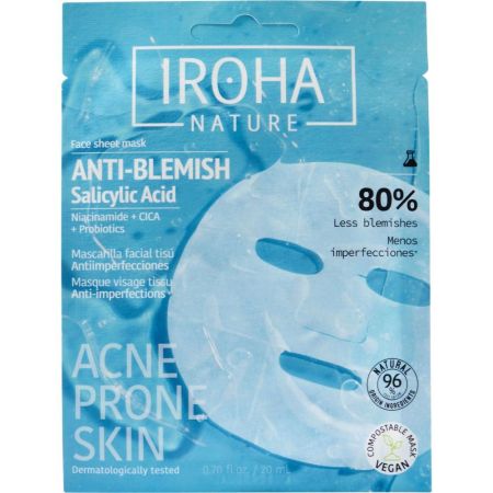 Iroha Nature Acne Prone Skin Anti-Blemish Mascarilla Facial Tisú Mascarilla vegana antiimpefecciones regula exceso de sebo limpia poros y reduce la inflamación