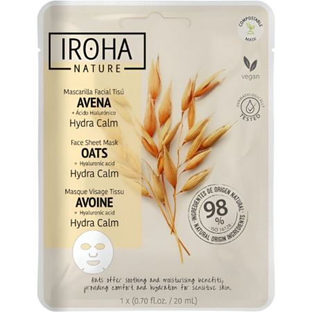 Iroha Nature Avena Hydra Calm Mascarilla Facial Tisú Mascarilla facial vegana hidrata intensamente y ofreciendo alivio y confort instantáneo a la piel