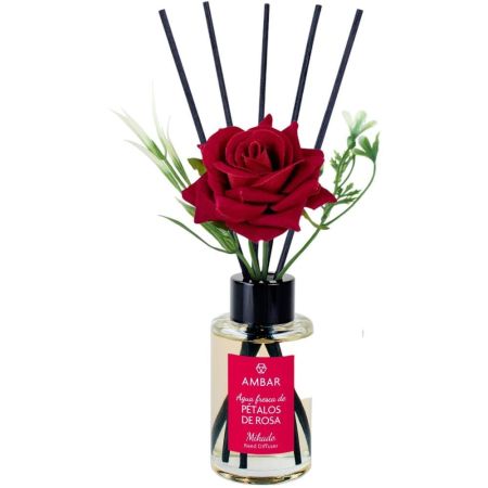 Ambar Agua Fresca De Pétalos De Rosa Mikado Con Flor Decorativa Ambientador mikado con flor para hogar perfuma y decora +60 días de duración 75 ml