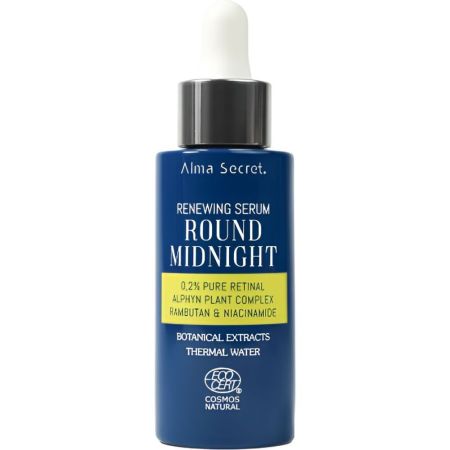 Alma Secret Round Midnight Retinol 0,02% Retinal & Niacinamide Serum Sérum noche antiedad renueva unifica el tono reafirma alisa arrugas reduce manchas y rejuvenece 30 ml