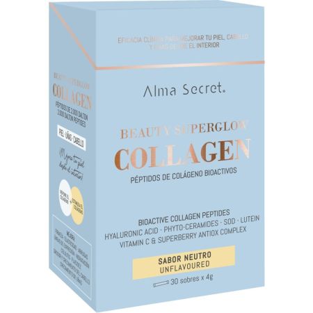 Alma Secret Beauty Superglow Collagen Sabor Neutro Nutricosmético avanzado piel más firme fortalen el cabello y uñas y mejoran la celulitis y flacidez 30 sobres