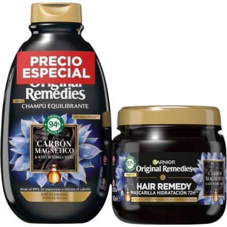 Original Remedies Carbón Magnético Pack Precio Especial Set de cuidado capilar hidratante y equilibrante 72 horas para raíces grasas y puntas secas