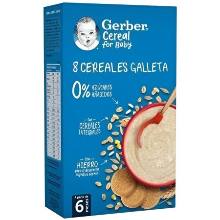 Gerber Cereal For Baby Papilla 8 Cereales Galleta Papilla sin azúcares para el desarrollo cognitivo a partir de 6 meses 270 gr