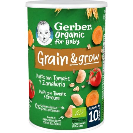 Gerber Organic For Baby Grain & Grow Puffs Tomate Y Zanahoria Snack ecológico sin azúcares añadidos promueve la autonomía de forma divertida a partir de 10 meses 35 gr