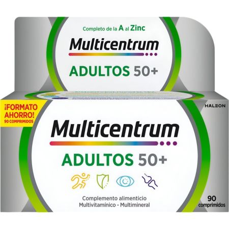 Multicentrum Adultos 50+ Complemento Alimenticio Multivitamínico y multimineral refuerza el sistema inmunológico a partir de 50 años 90 uds