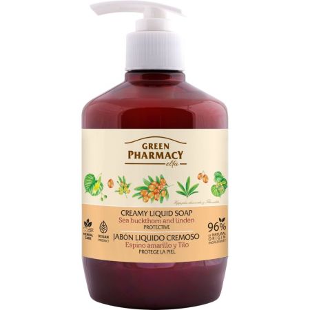 Green Pharmacy Espino Amarillo Y Tilo Jabón Líquido Cremoso Jabón de manos humedece suaviza y aromatiza las manos evitando que se deshidraten 460 ml