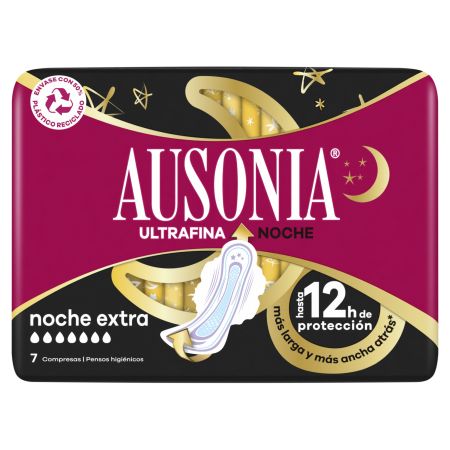 Ausonia Ultrafina Noche Extra Compresas 12h Compresas de noche con alas hasta 12 horas de protección 7 uds