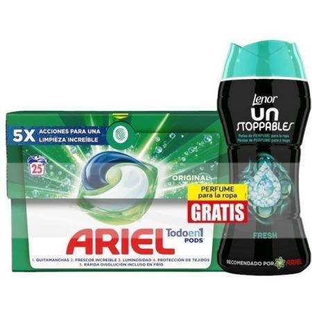 Ariel Detergente All In 1 Pods+ Perlas Unstoppable Fresh Gratis Detergente en cápsulas con tecnología de limpieza en frío quitamanchas e ilumina 25 uds