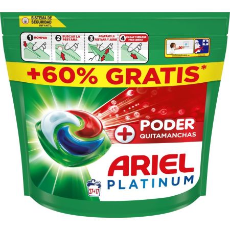 Ariel Detergente Platinum Poder Quitamanchas Detergente en cápsulas elimina manchas resecas incluso en frío preservando los tejidos por más tiempo