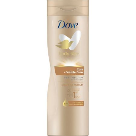 Dove Body Love Care + Visible Glow Self Tan Lotion Loción autobronceadora ofrece hermoso brillo bañado por el sol y nutrición 24 horas 400 ml