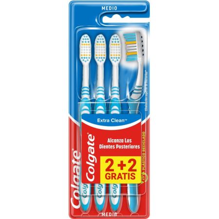 Colgate Cepillo De Dientes Extra Clean Medio Formato Especial Cepillo de dientes ofrece gran limpieza para eliminar las bacterias y el mal aliento 4 uds