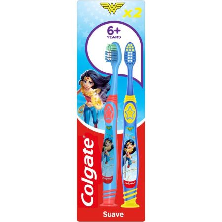 Colgate Cepillo Dental Suave Batman O Wonder Woman +6 Años Duplo Cepillo de dientes infantil para niños con dientes de leche o definitivos 2 uds