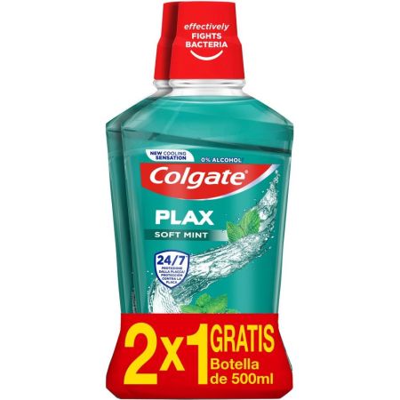 Colgate Enjuague Bucal Plax Soft Mint Duplo Formato Especial Colutorio elimina la placa bacteriana eficazmente ofreciendo un sabor suave y aliento fresco 2x500 ml