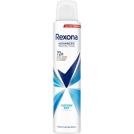 Rexona Advanced Protection Cotton Dry Desodorante Spray Desodorante 0% alcohol antitranspirante ofrece 72 horas de protección avanzada 200 ml